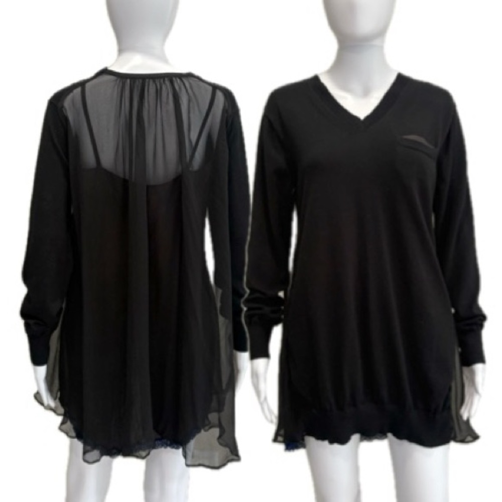 Sacai Luck Black Sheer Silk Mixed Tunic Sweater Dress Womens Size 2 M V-Neck